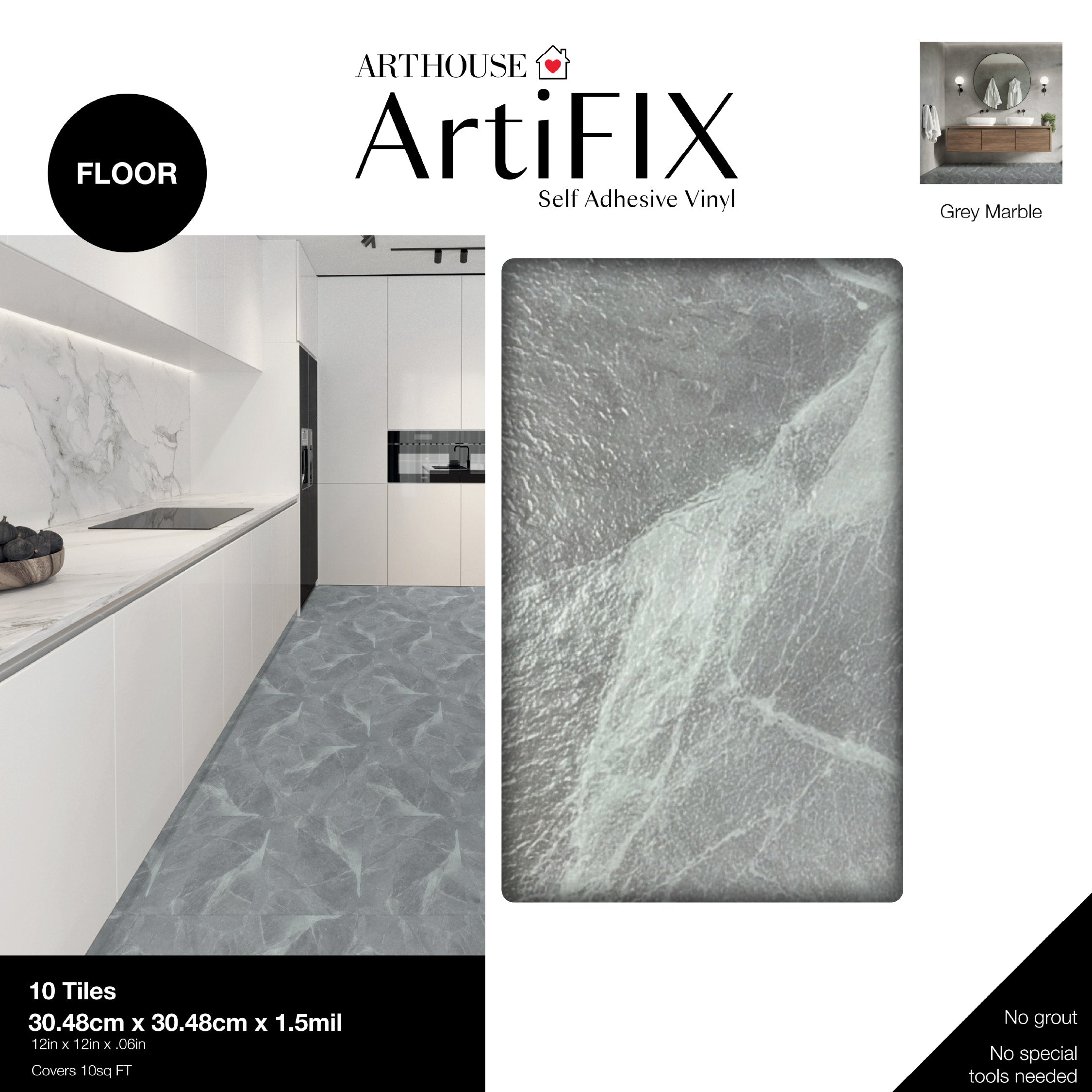 Floor Tile Marble 30.5x30.5cm Grey (10 Tiles Per Pack)