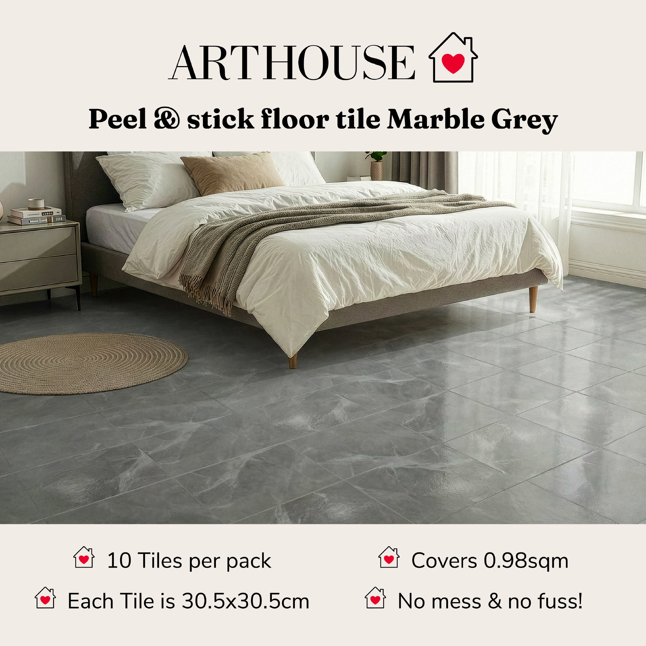Floor Tile Marble 30.5x30.5cm Grey (10 Tiles Per Pack)