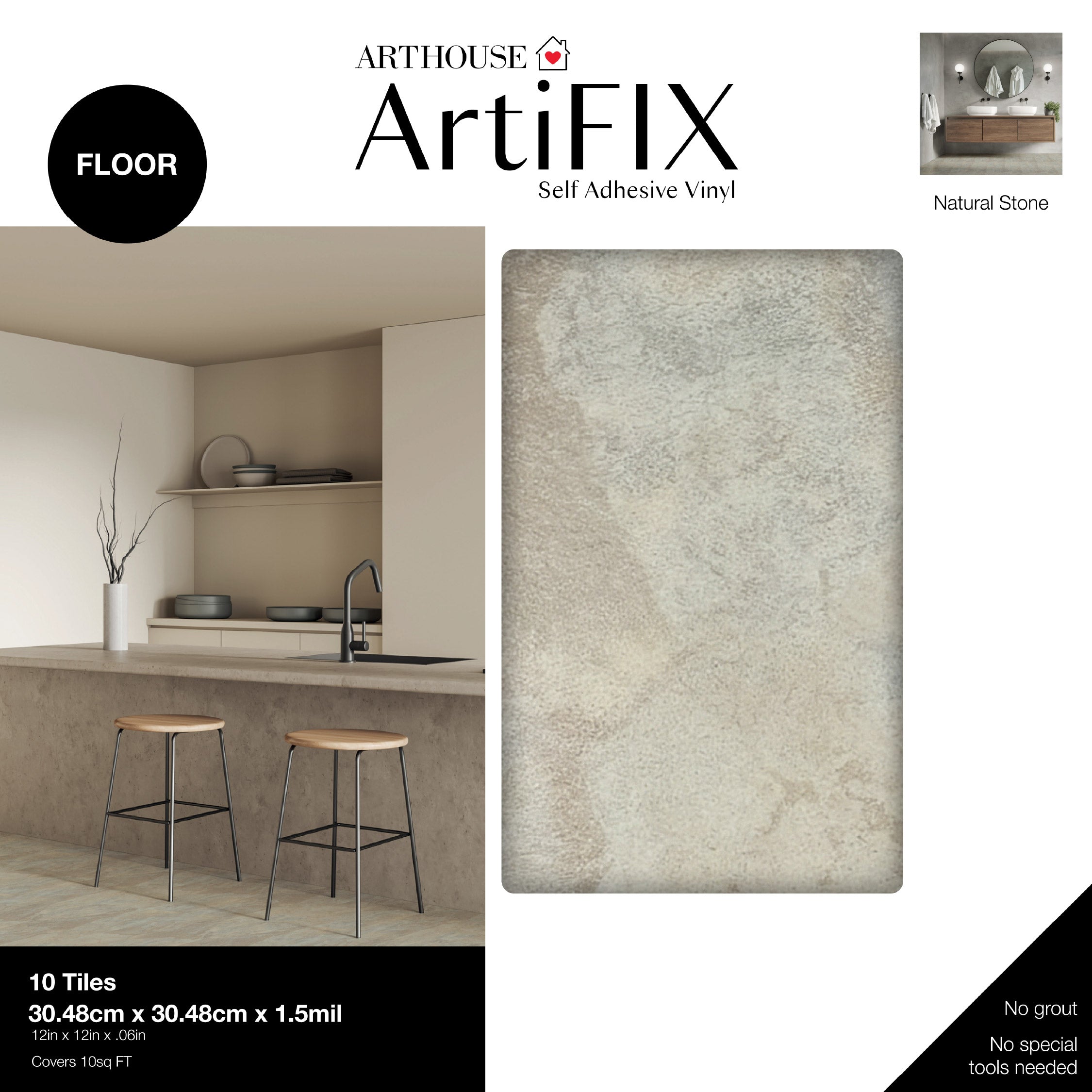 Floor Tile Stone 30.5x30.5cm Natural (10 Tiles Per Pack)