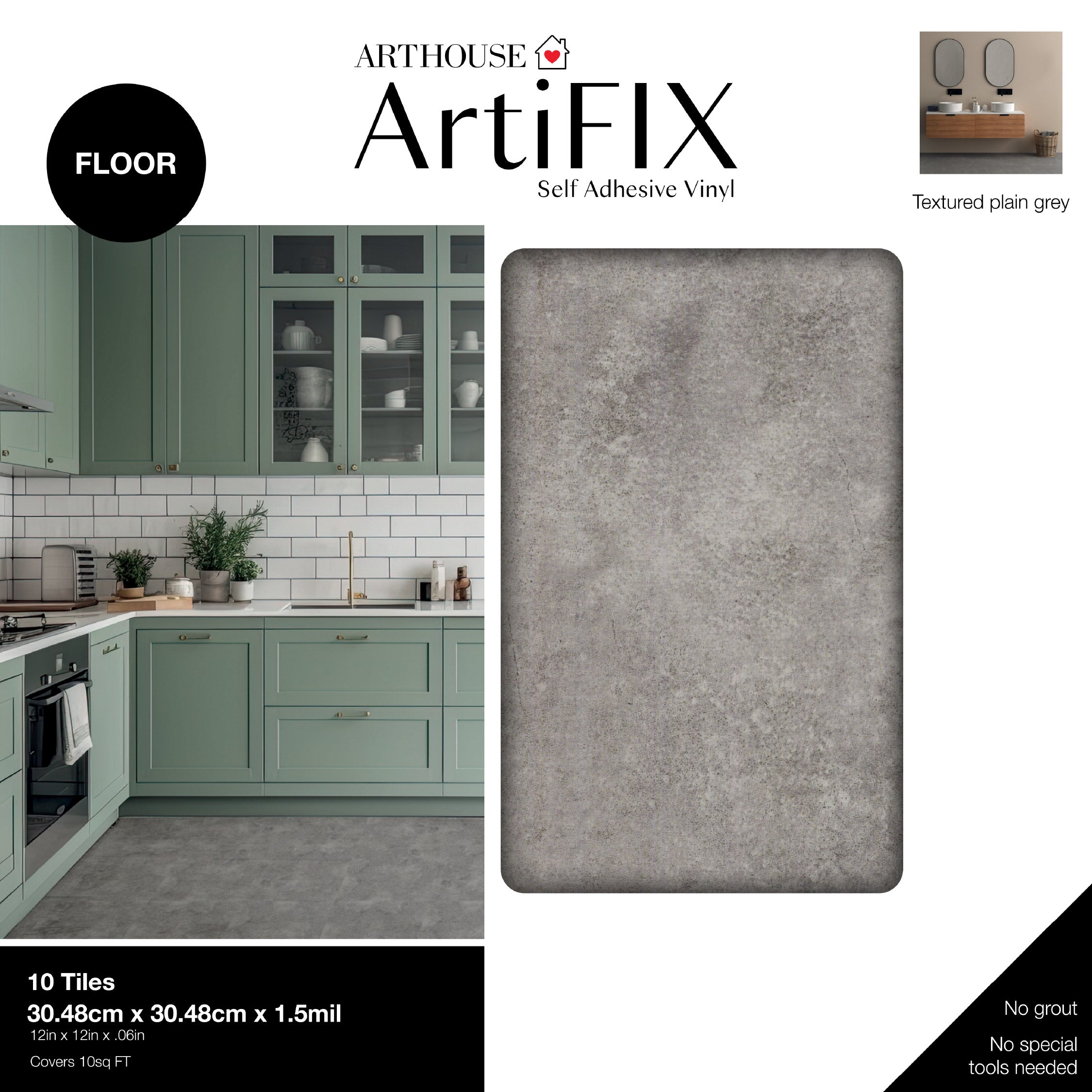Floor Tile Textured Plain 30.5x30.5cm Grey (10 Tiles Per Pack)