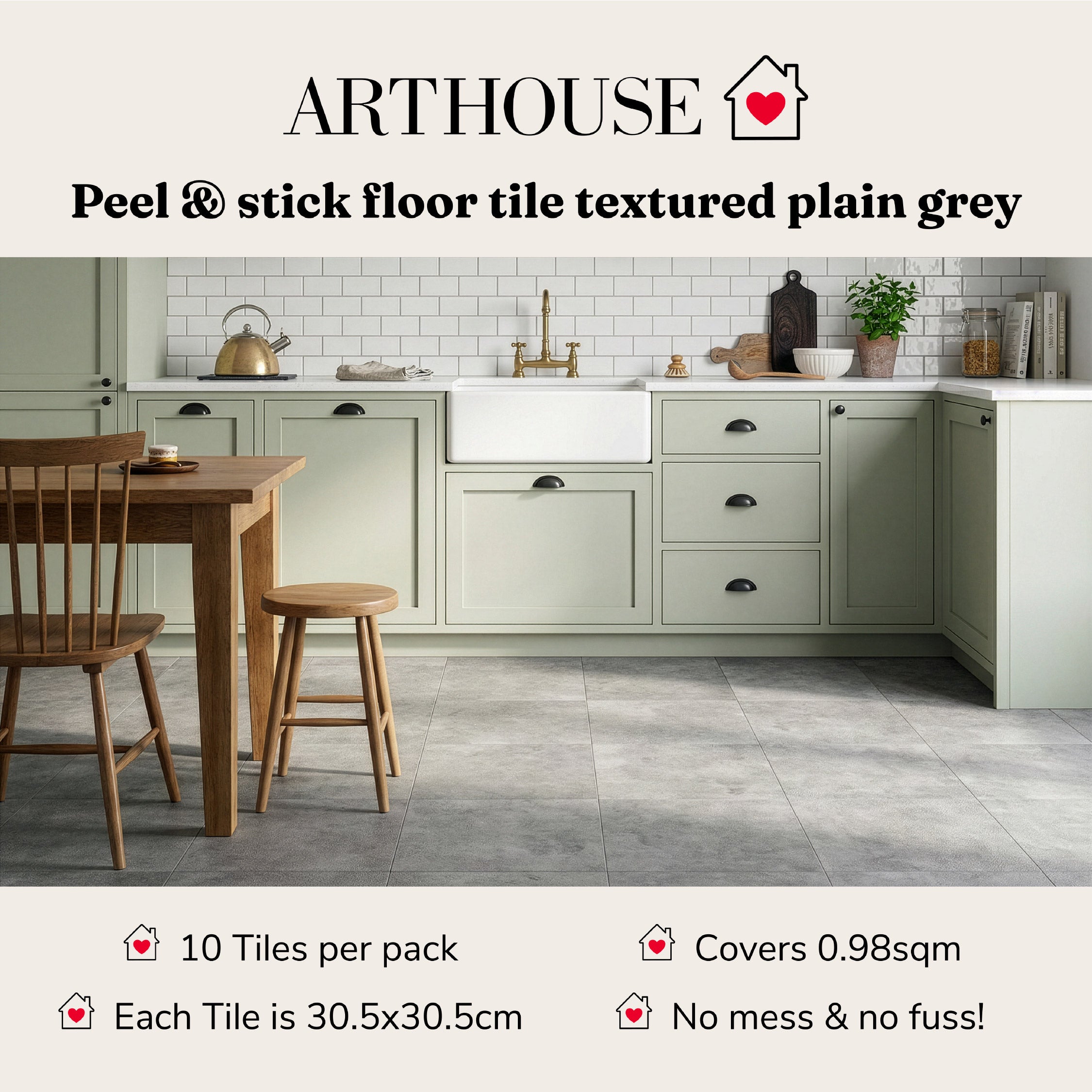 Floor Tile Textured Plain 30.5x30.5cm Grey (10 Tiles Per Pack)