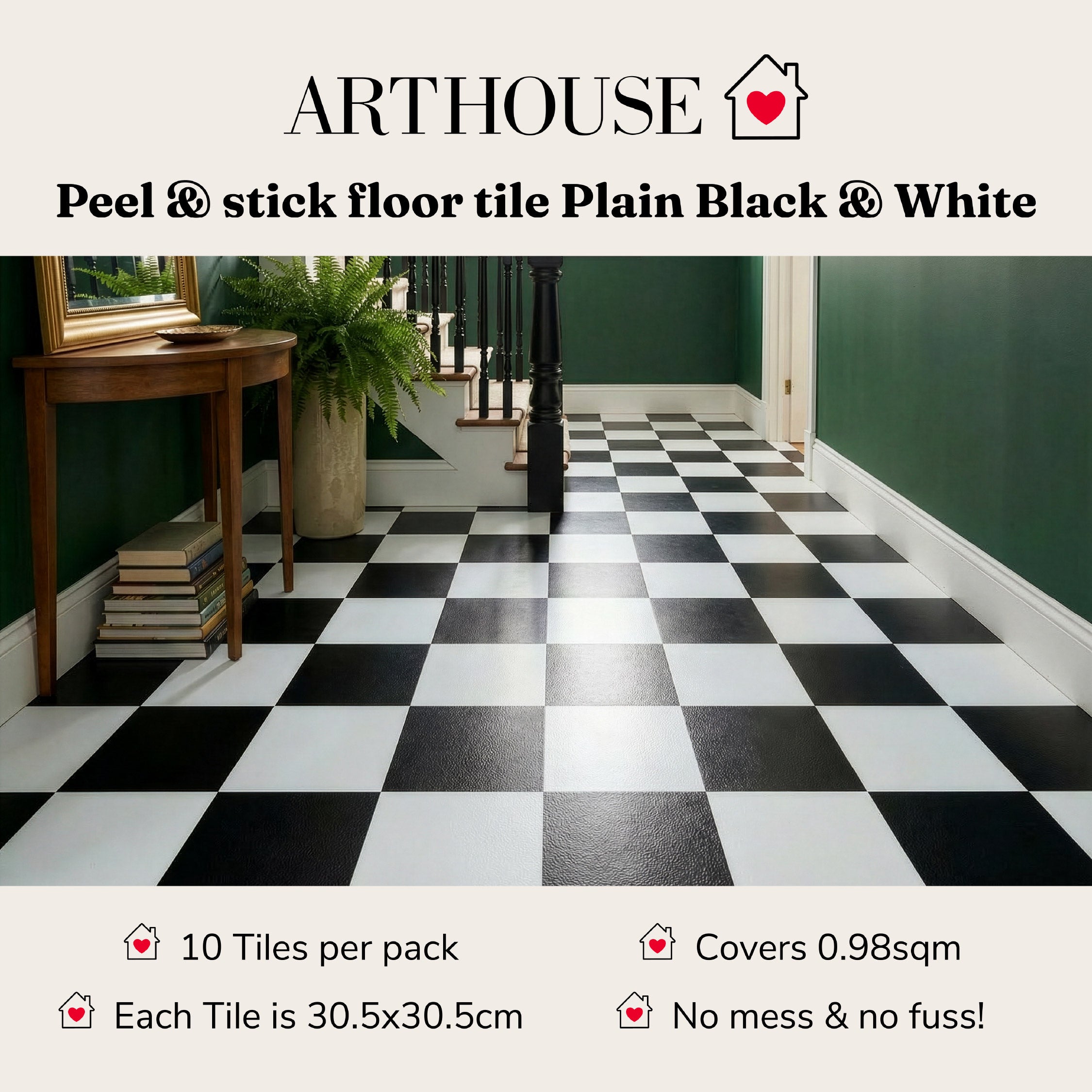 Floor Tile Plain 30.5x30.5cm Black & White (10 Tiles Per Pack)