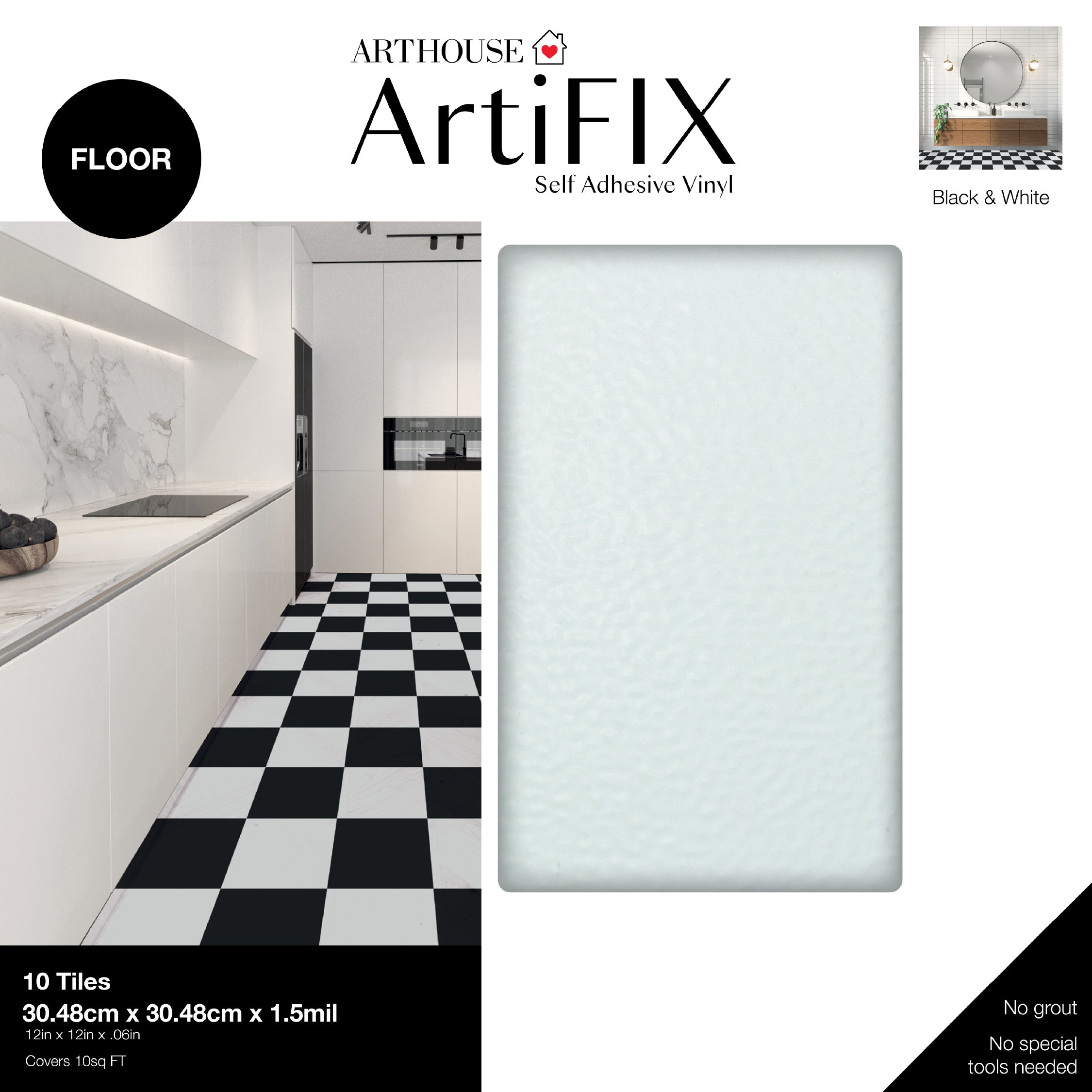 Floor Tile Plain 30.5x30.5cm Black & White (10 Tiles Per Pack)