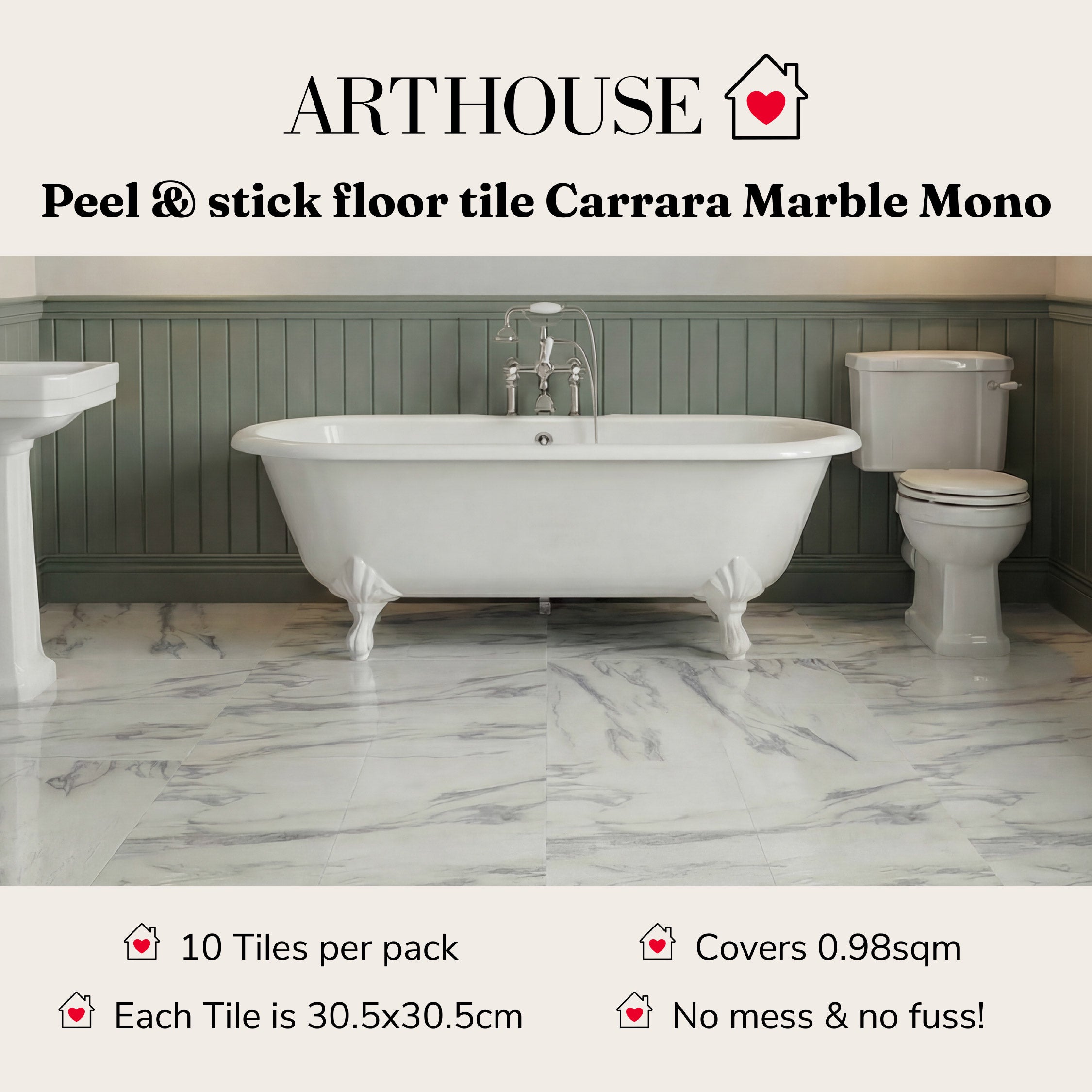 Floor Tile Carrara Marble 30.5x30.5cm Mono (10 Tiles Per Pack)