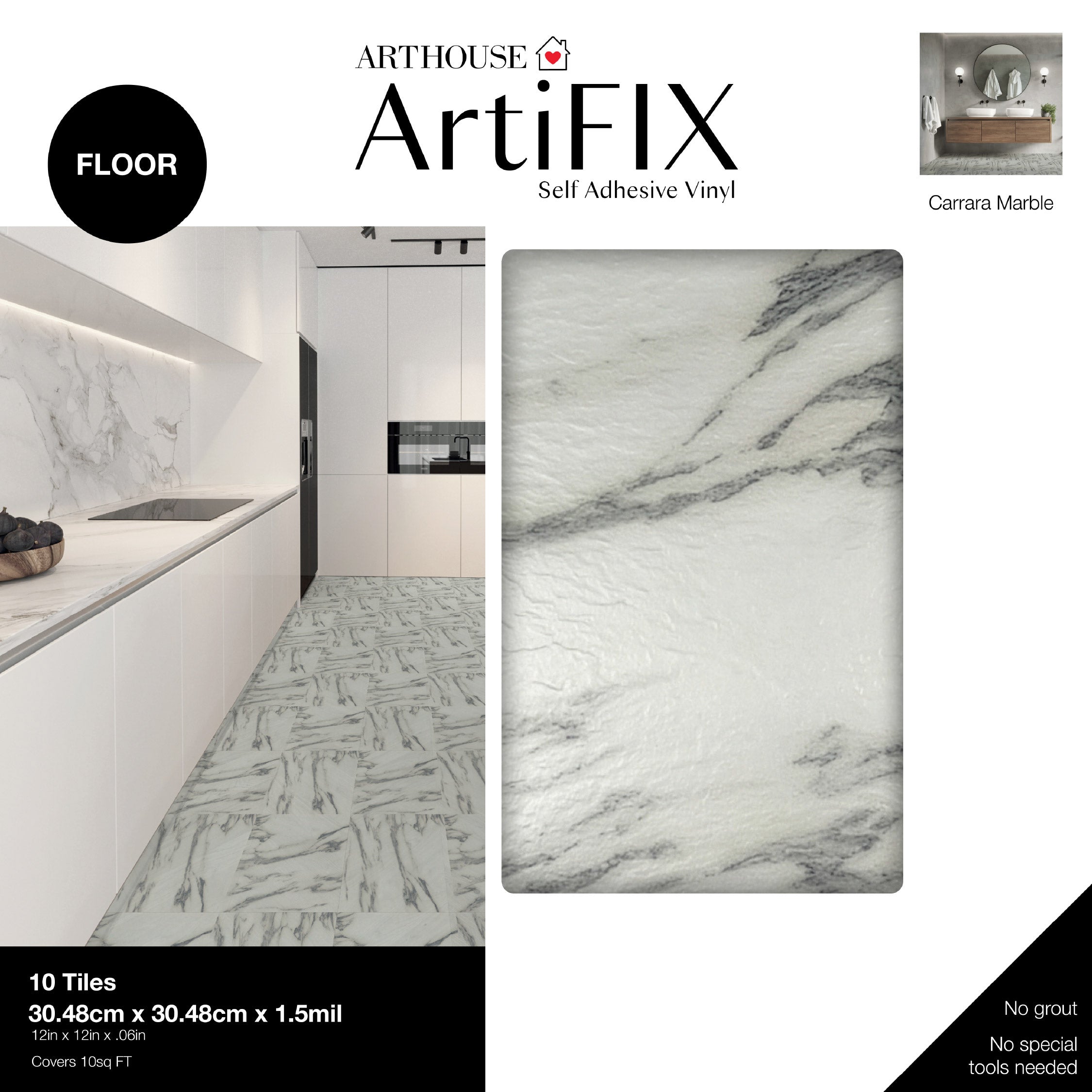 Floor Tile Carrara Marble 30.5x30.5cm Mono (10 Tiles Per Pack)