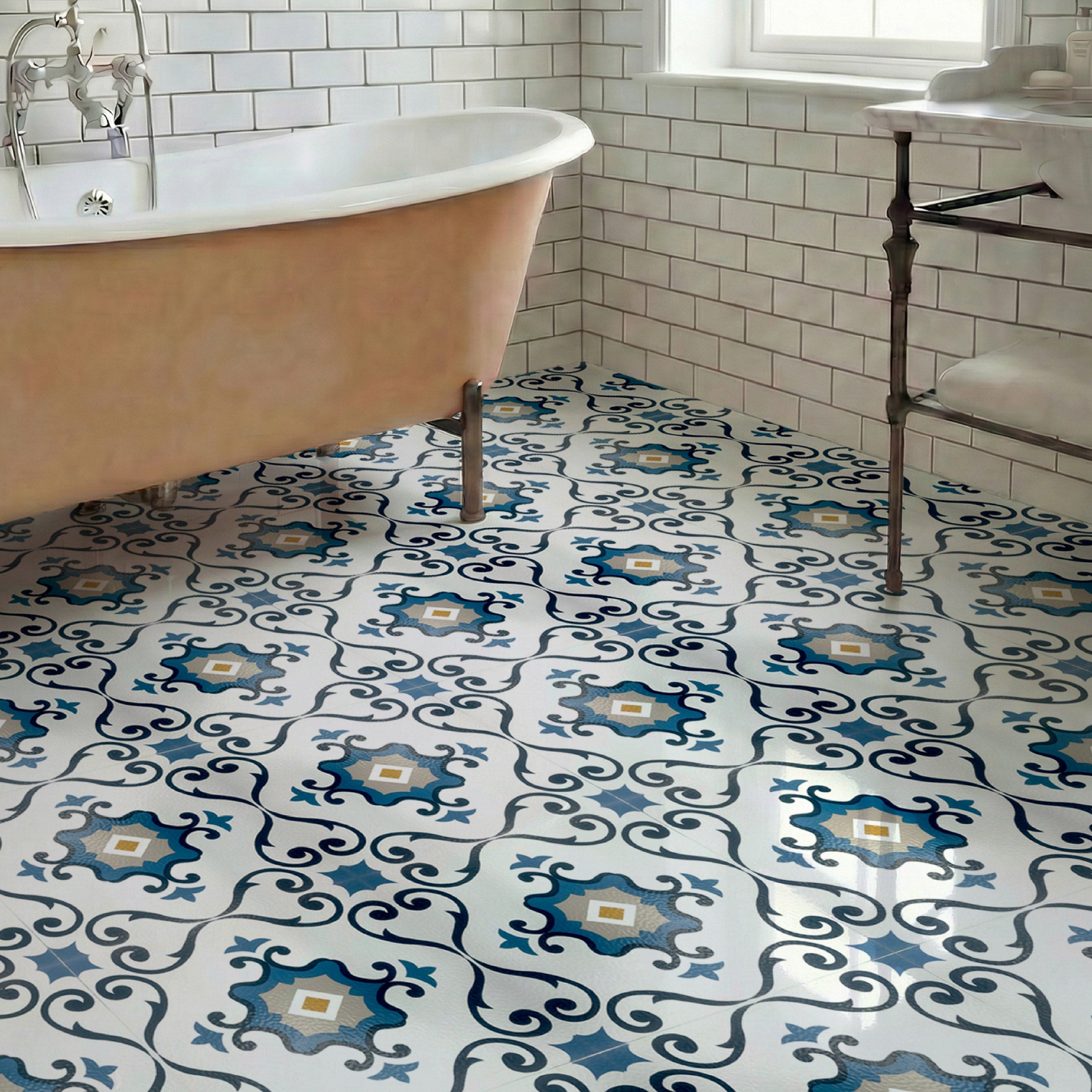 Floor Tile Motif 30.5x30.5cm Blue (10 Tiles Per Pack)