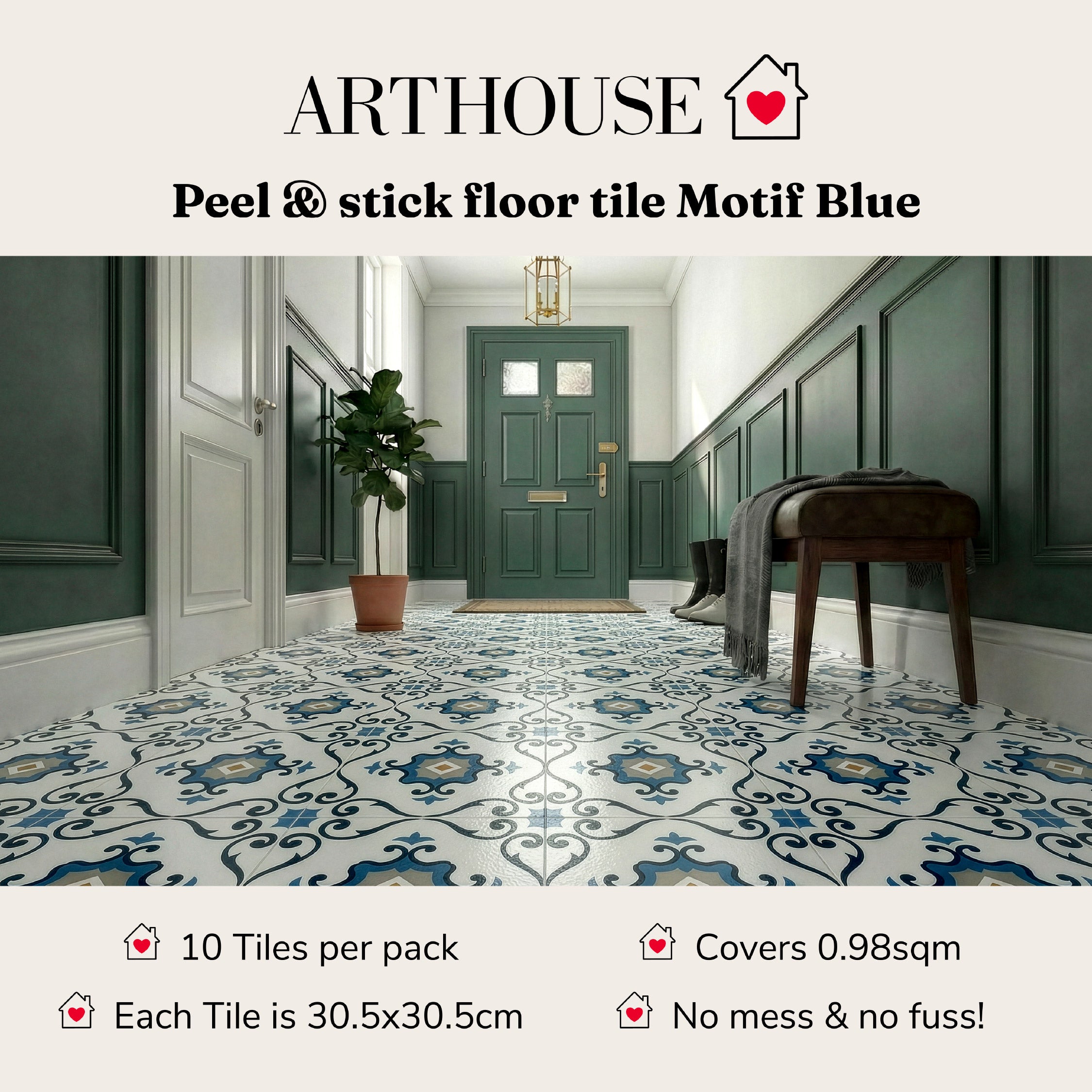 Floor Tile Motif 30.5x30.5cm Blue (10 Tiles Per Pack)