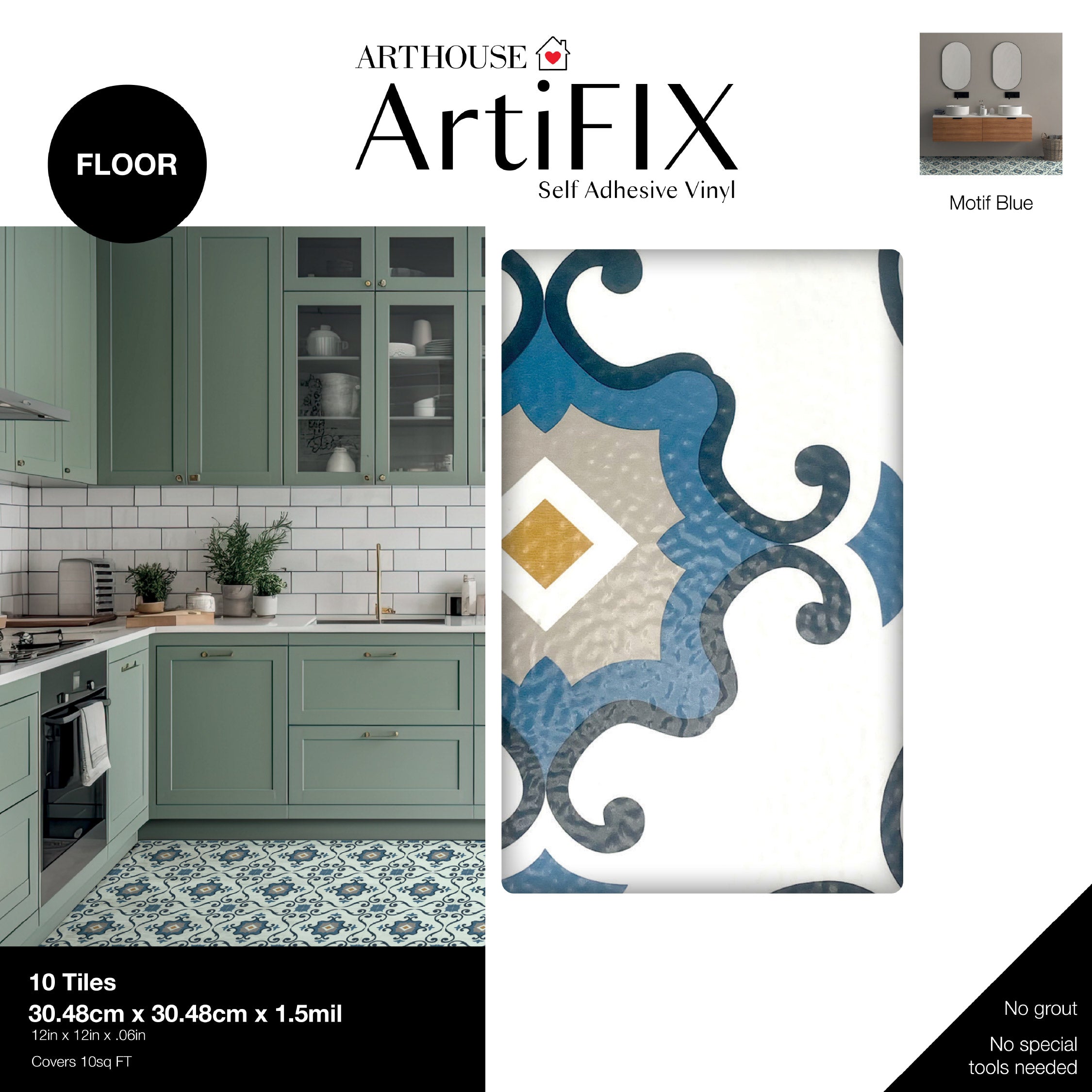 Floor Tile Motif 30.5x30.5cm Blue (10 Tiles Per Pack)
