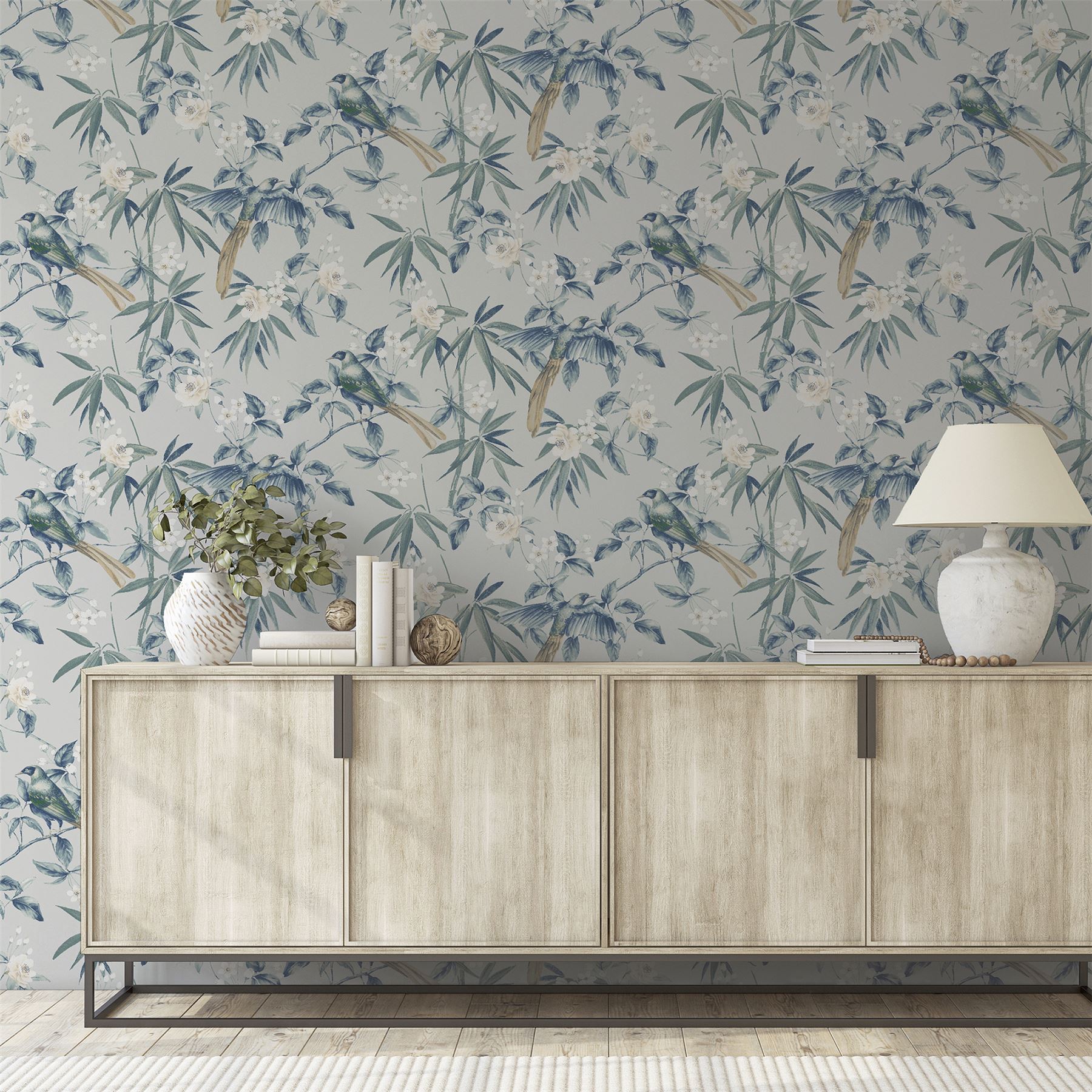 Oriental Floral Birds Grey/Blue sw12