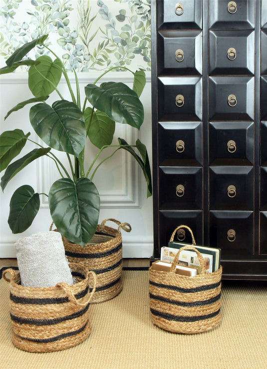 Barnsbury 100% Jute with Handle Black Stripe Set of 3 Baskets