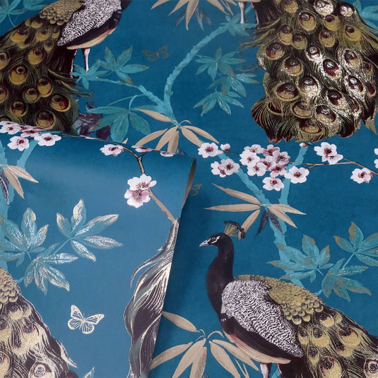 Opulent Peacock Teal & Gold Wallpaper sw12