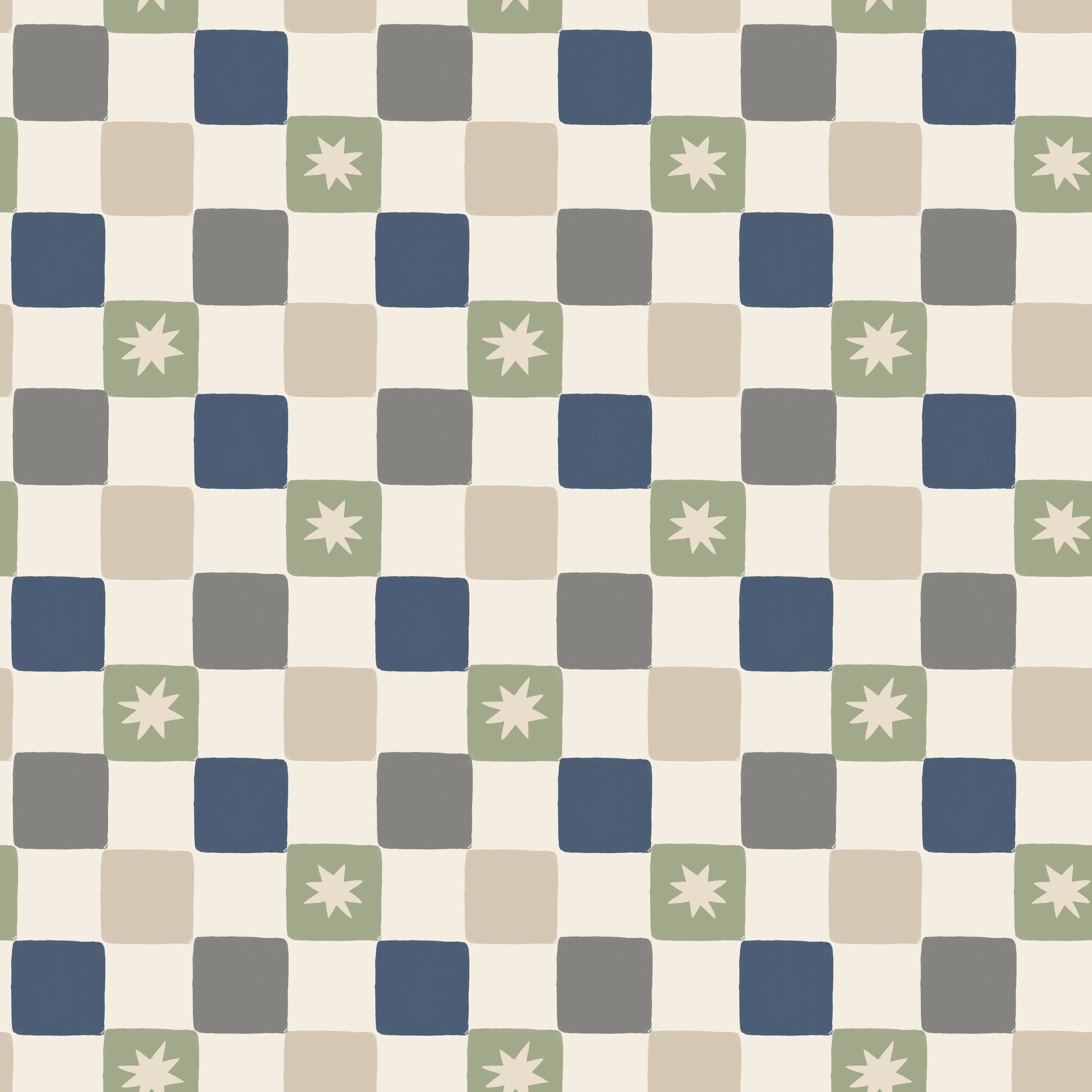 Chequer Star Sage Green & Navy Blue Wallpaper