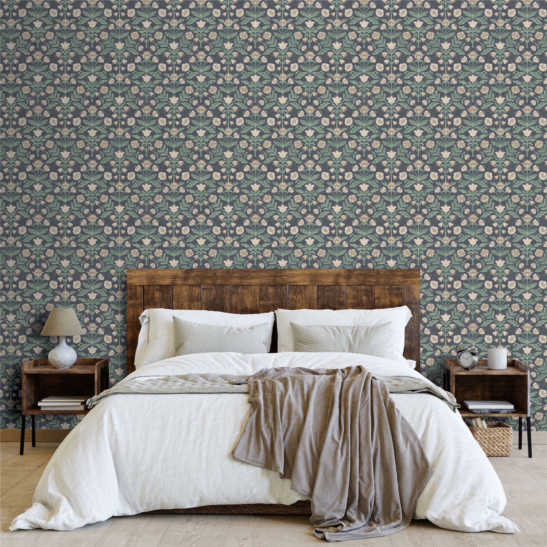 Modern Floral Damask Navy Wallpaper