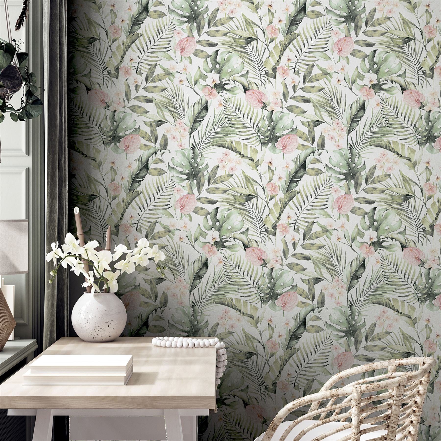 Tropical Floral Pink & Green Wallpaper