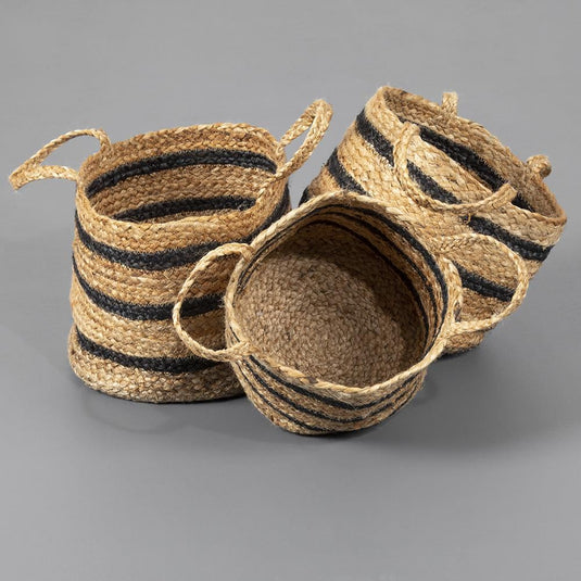 Barnsbury 100% Jute with Handle Black Stripe Set of 3 Baskets