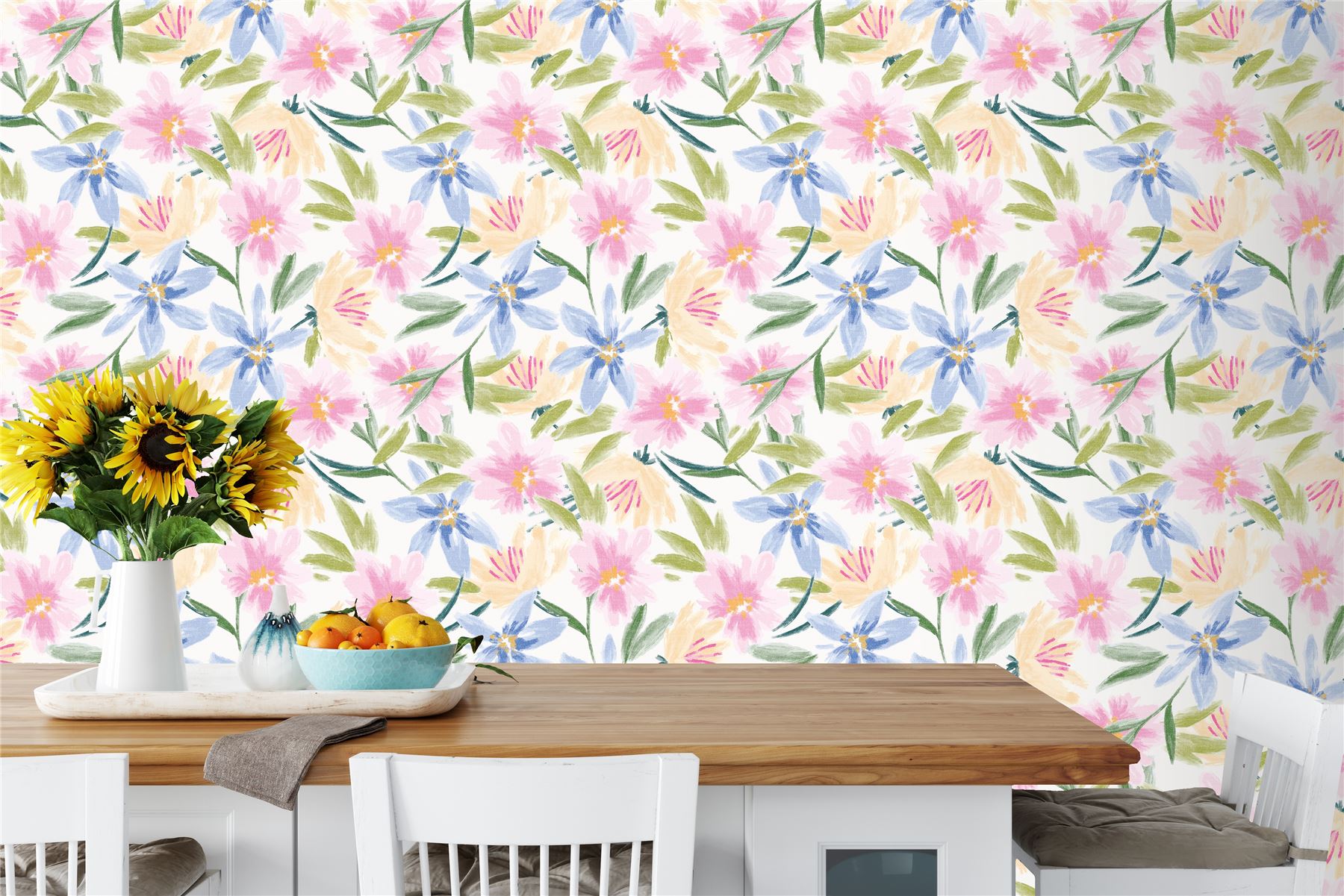 Watercolour Floral White Wallpaper