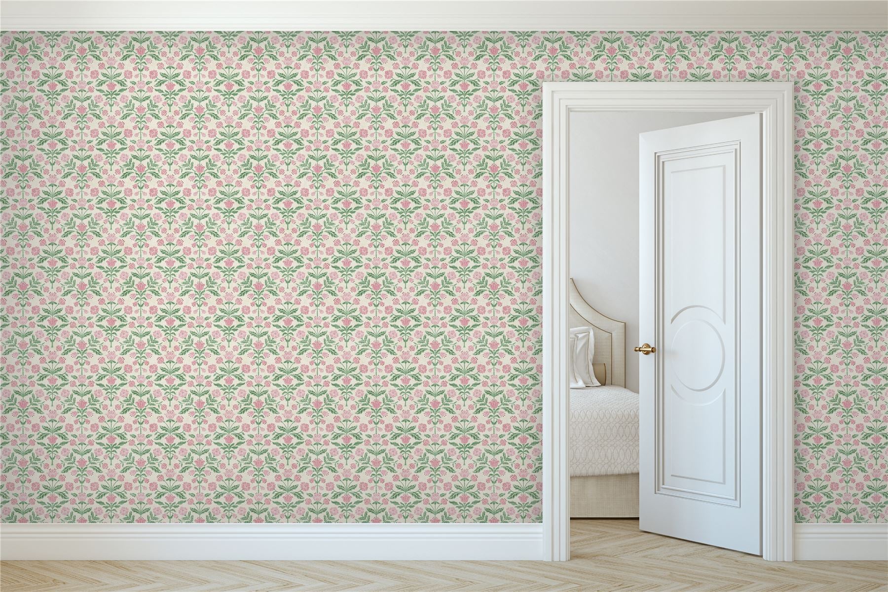 Modern Floral Damask Green / Pink Wallpaper