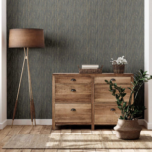 Japandi Grasscloth Charcoal Gold Wallpaper