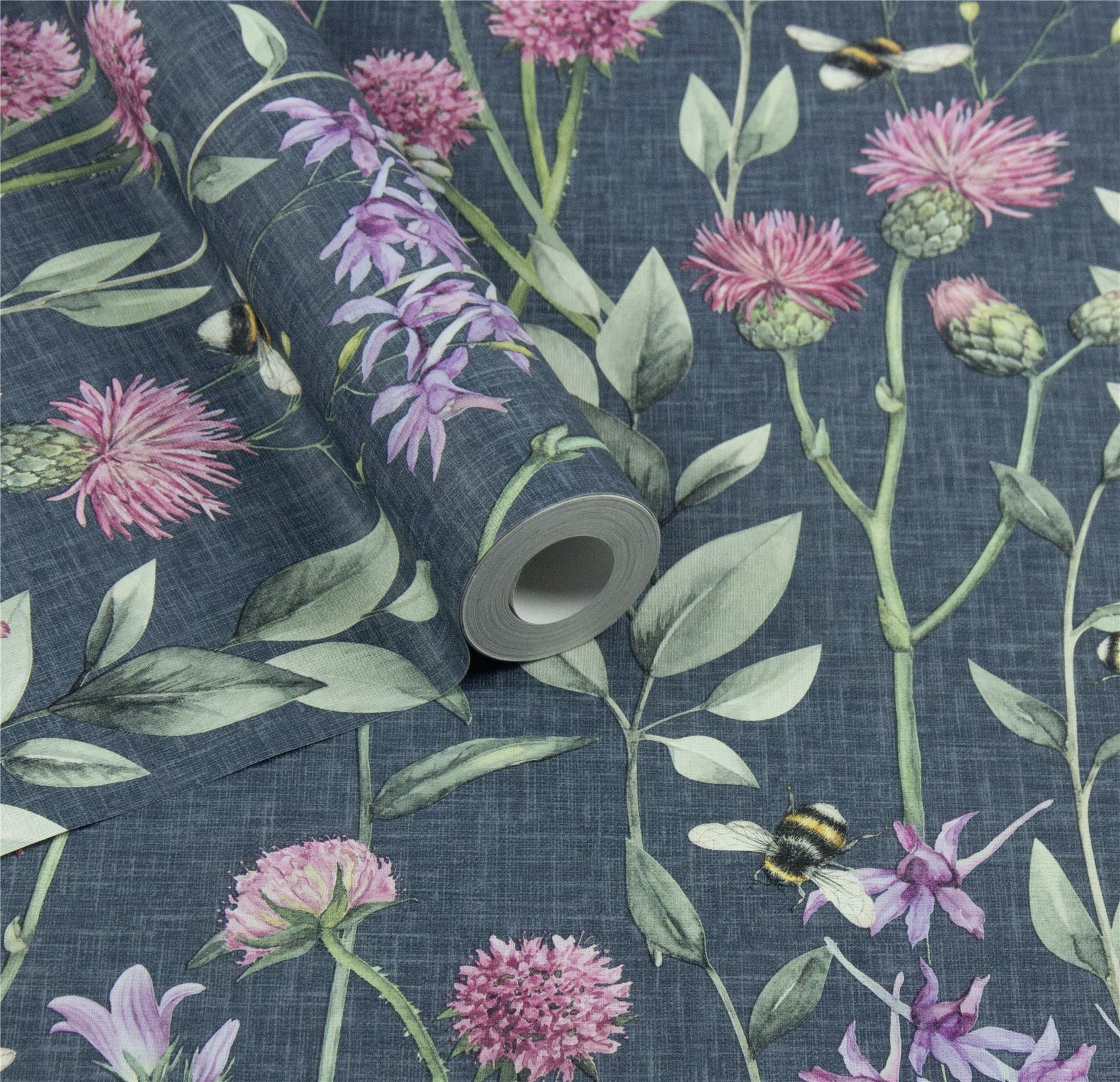 Bumblebee Meadow Navy Wallpaper