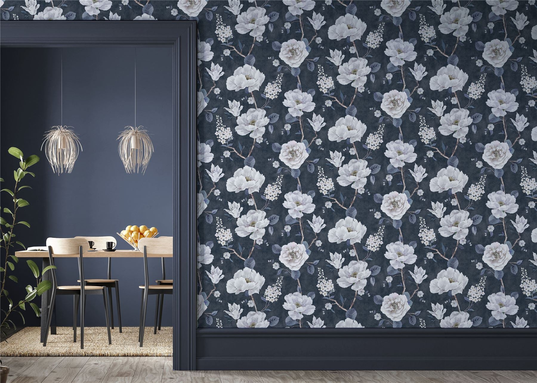 Ashley Floral Navy Wallpaper