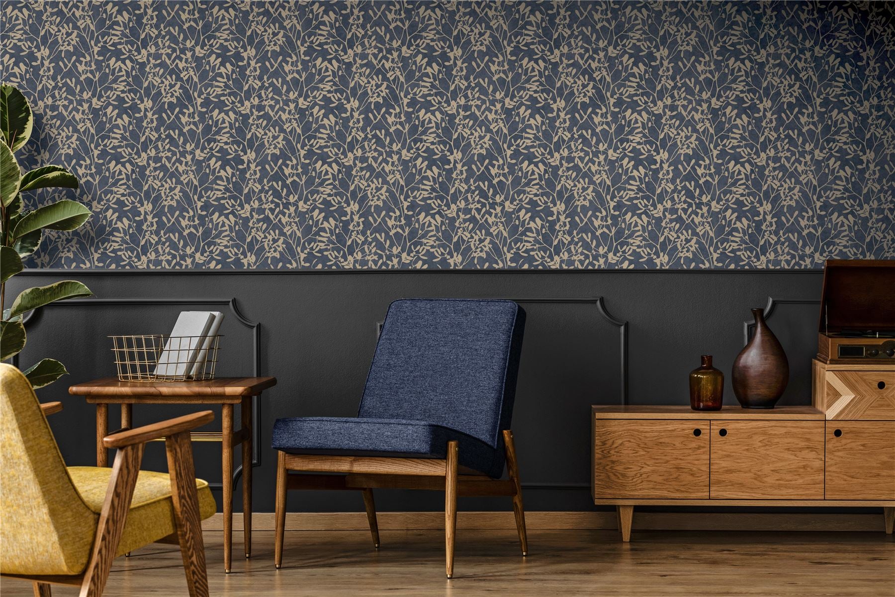 Botanica Leaf Navy & Gold Wallpaper