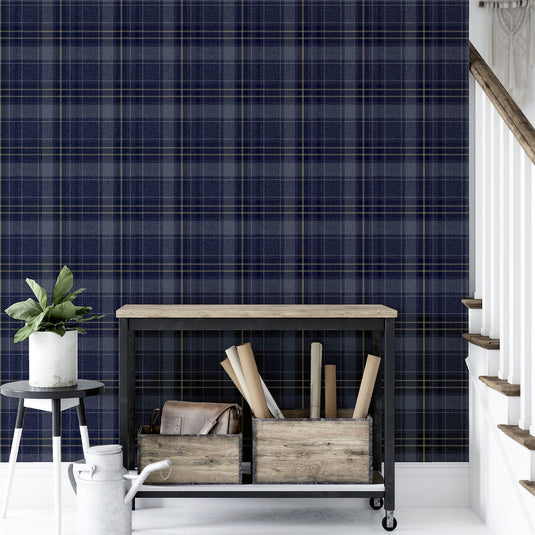 Twilled Plaid Navy/Gold Wallpaper sw12