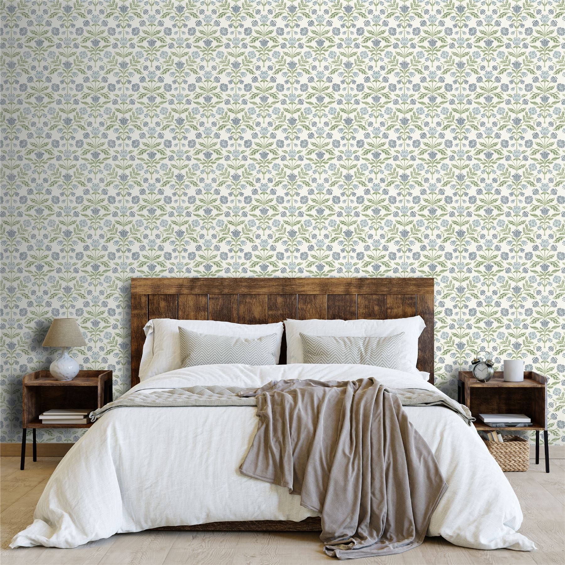 Modern Floral Damask Blue / Green Wallpaper