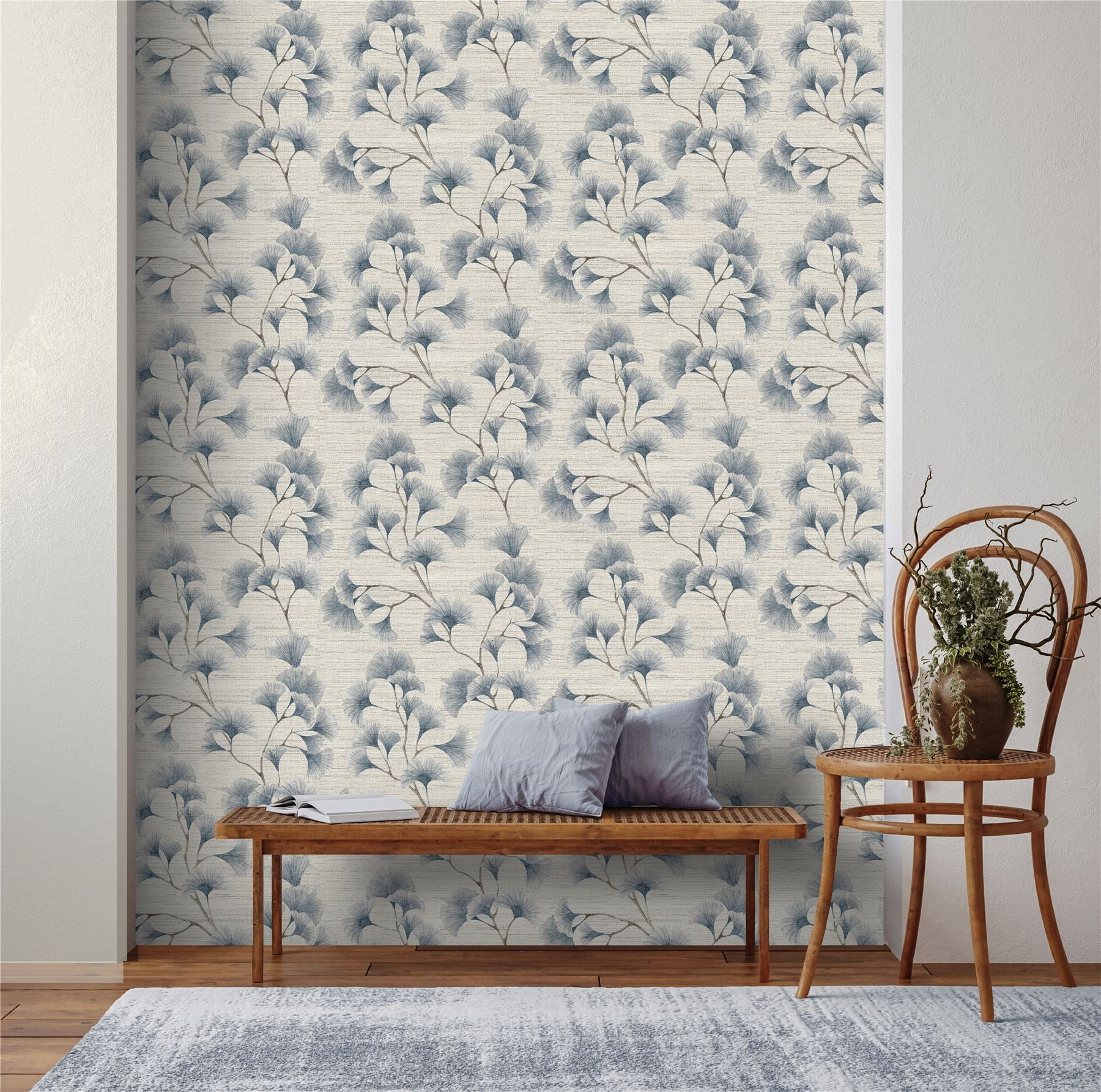 Ginkgo Leaf Trail Blue/Grey Wallpaper