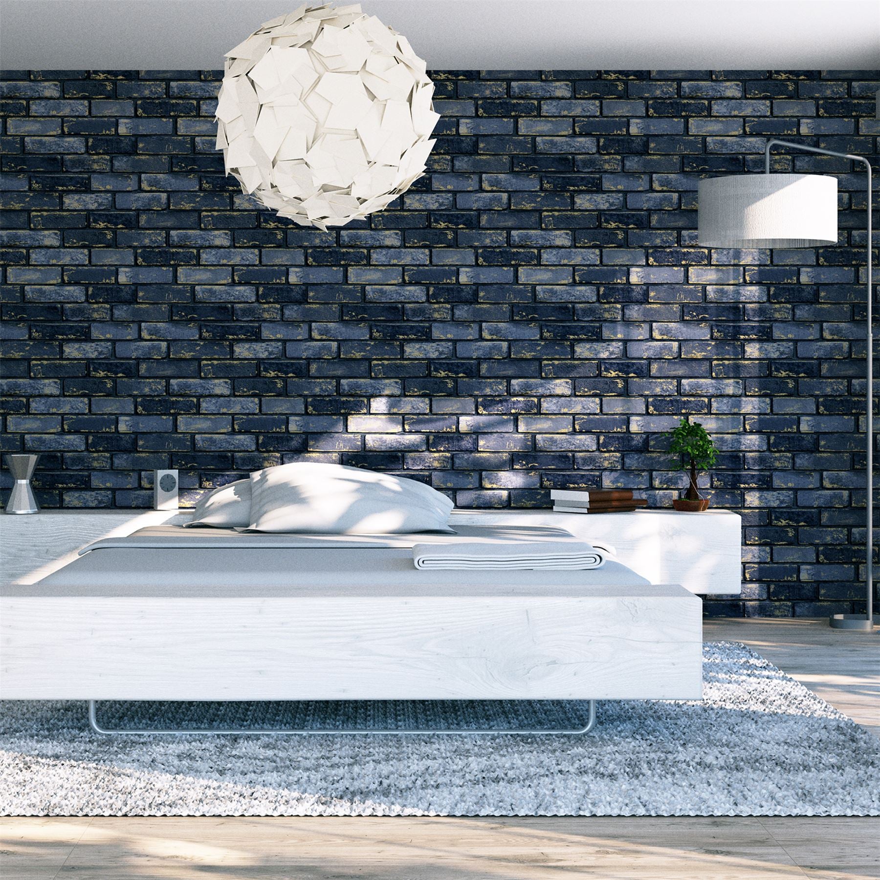 Metallic Brick Navy/Gold Wallpaper
