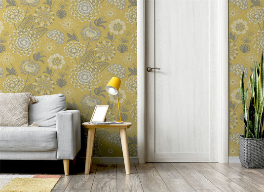 Vintage Bloom Mustard Yellow Wallpaper