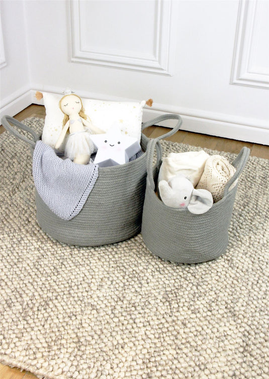 Beckton 100% Cotton Baskets with Handle Grey Set of 2 Baskets