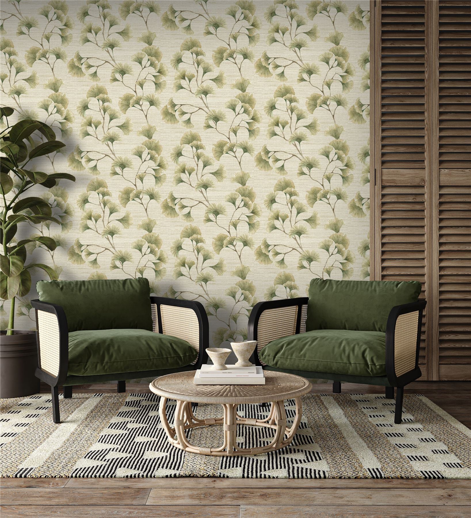 Ginkgo Leaf Trail Green/Neutral Wallpaper