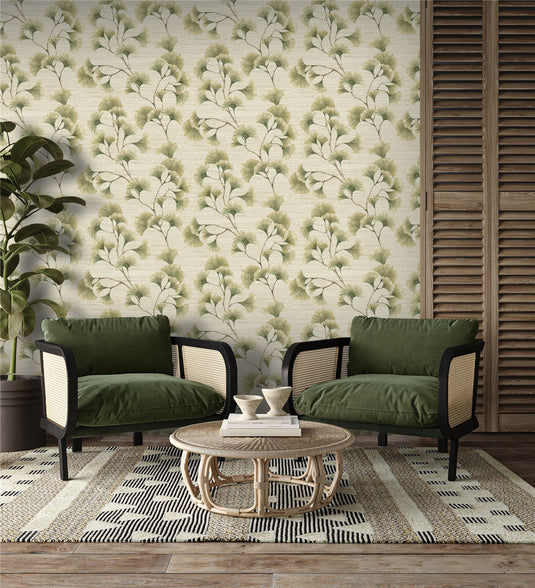 Ginkgo Leaf Trail Green/Neutral Wallpaper