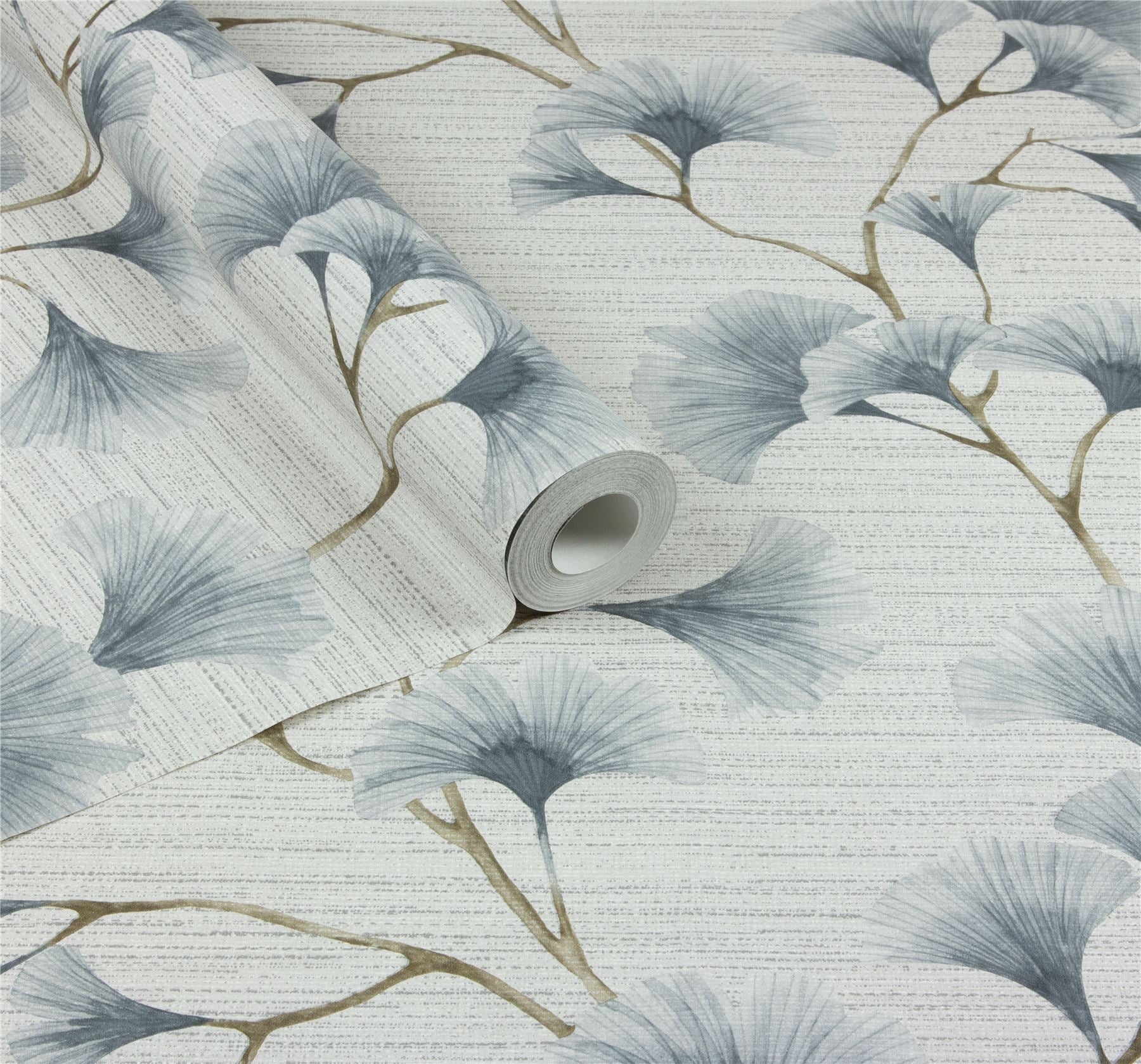 Ginkgo Leaf Trail Blue/Grey Wallpaper