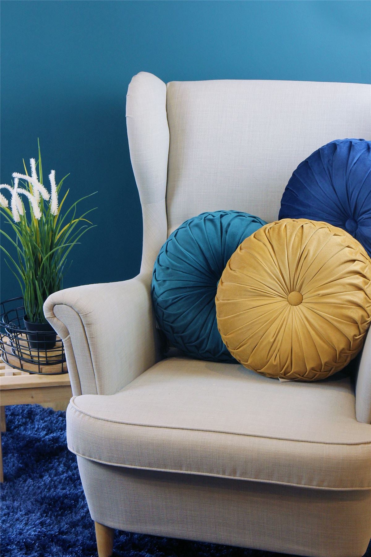 Lake Round Button Velvet Ochre Cushion 35cm