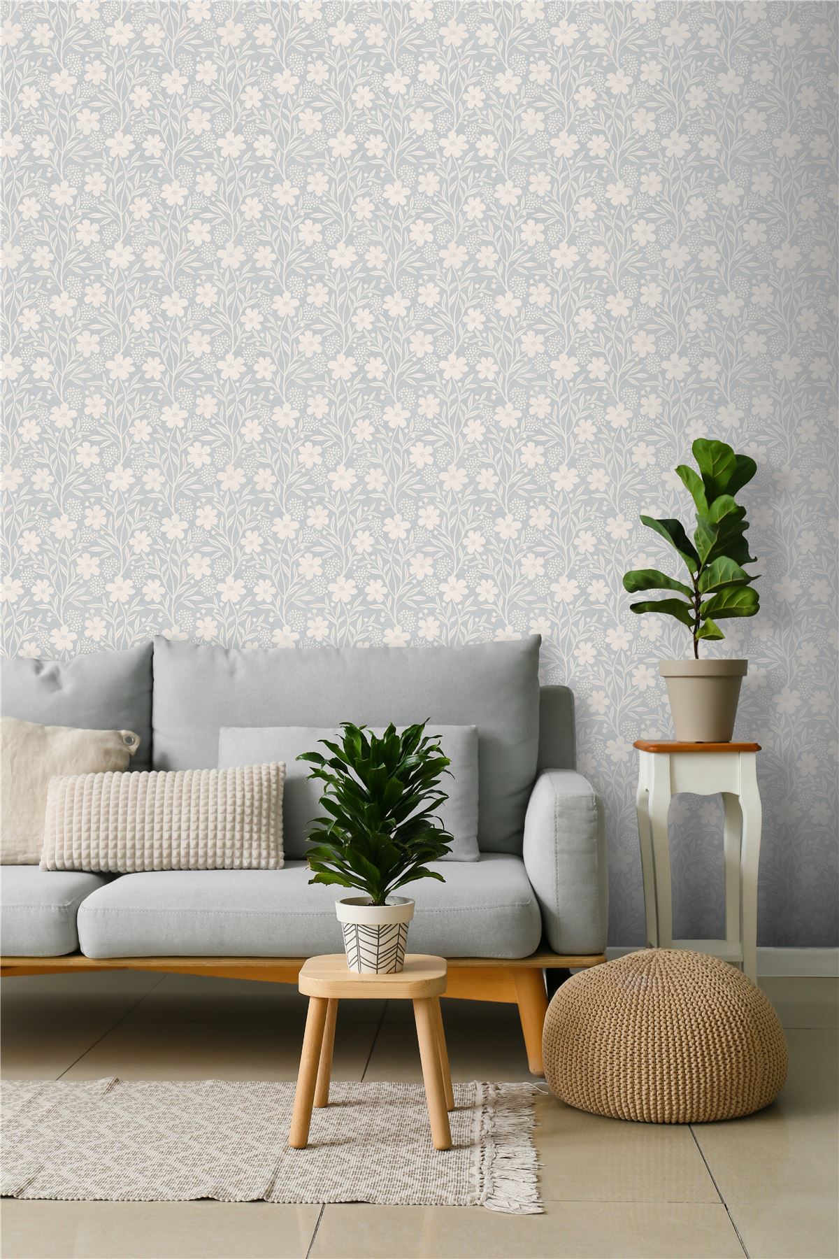 Berry Floral Soft Blue Wallpaper