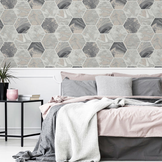 Marbled Hex Charcoal/Rose Gold Wallpaper sw12