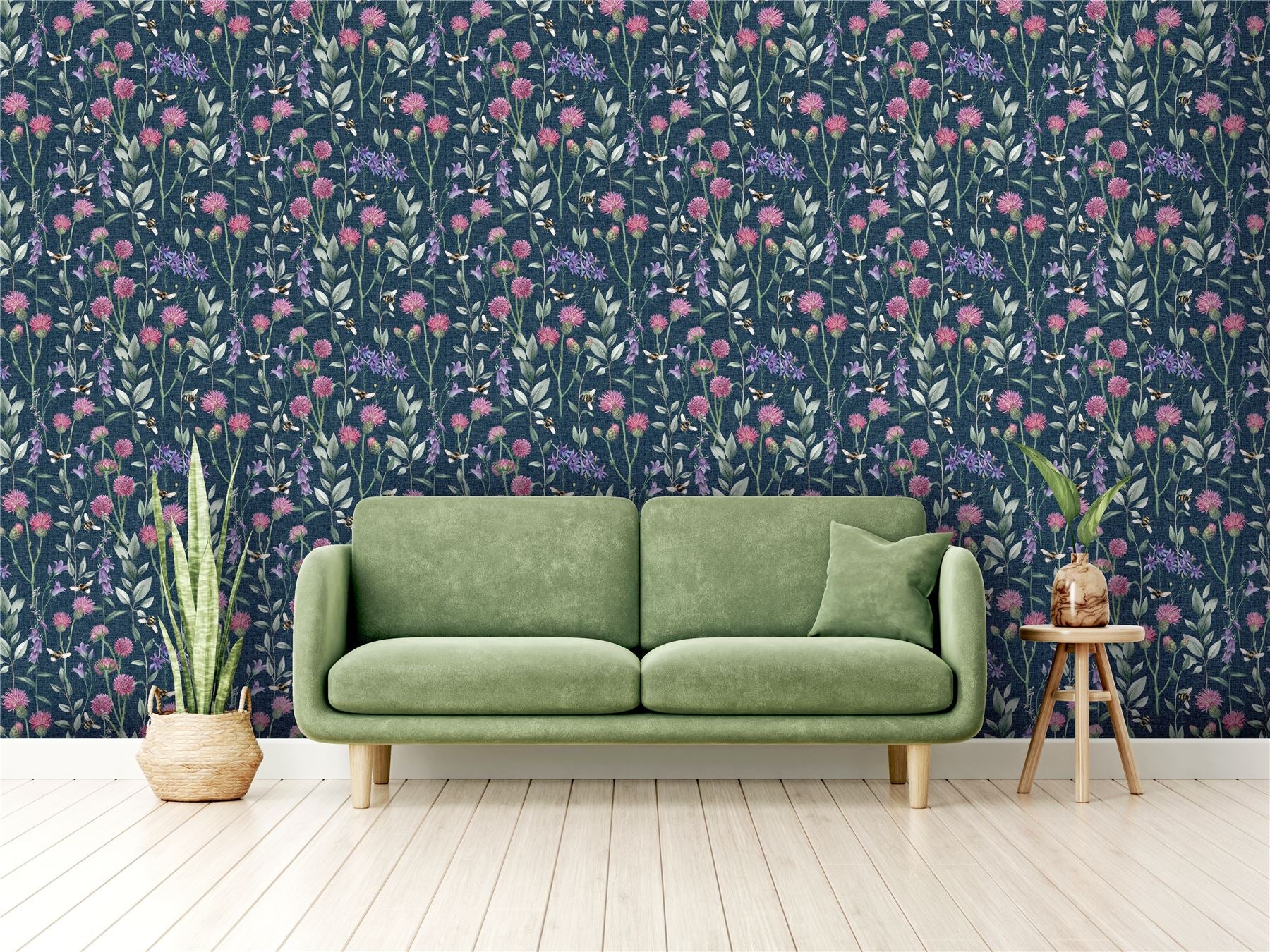 Bumblebee Meadow Navy Wallpaper