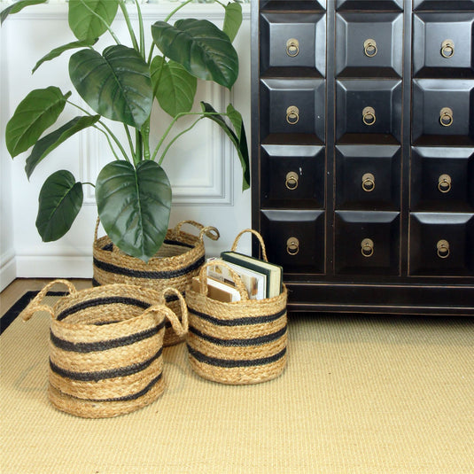 Barnsbury 100% Jute with Handle Black Stripe Set of 3 Baskets