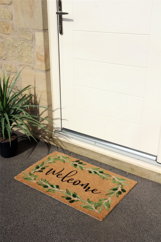 Astley Branch/Welcome Coir 45x75cm Olive Doormat