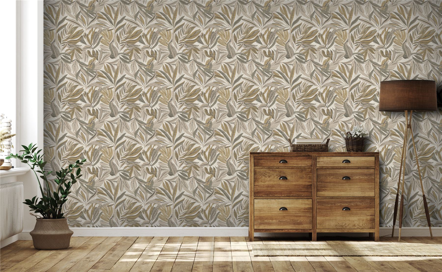Graphic Tropical Leaf Neutral Wallpaper