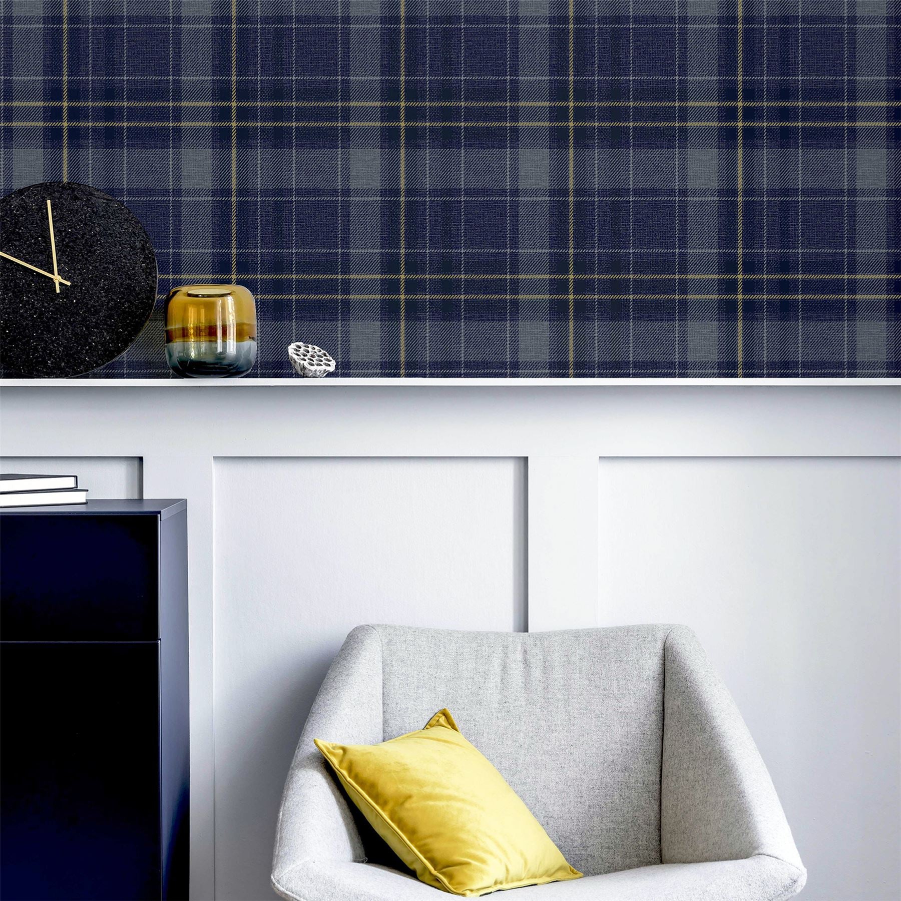Twilled Plaid Navy/Gold Wallpaper sw12