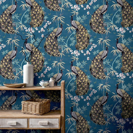 Opulent Peacock Teal & Gold Wallpaper sw12