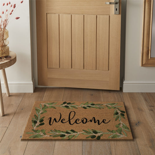 Astley Branch/Welcome Coir 45x75cm Olive Doormat