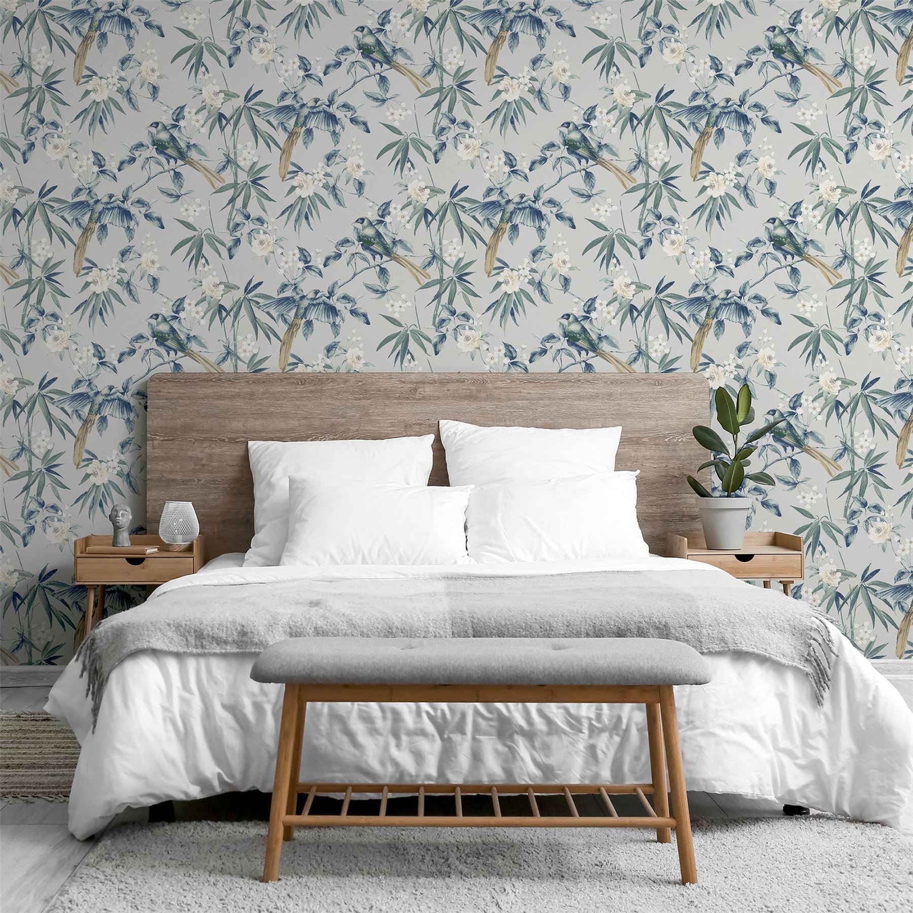 Oriental Floral Birds Grey/Blue sw12