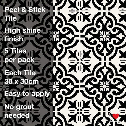 Wall Tile Motif 30.5x30.5cm Black (5 Tiles Per Pack) - sw30