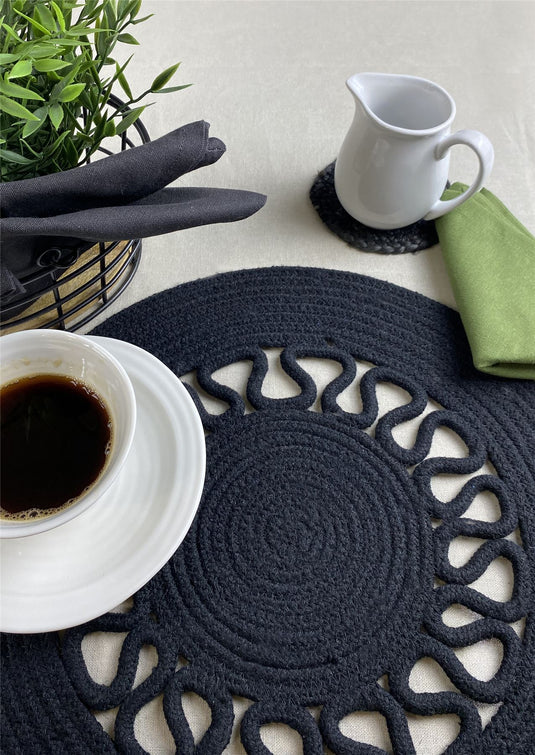 Nene  Round Cotton Sprial 38cm Black Set of 2 Placemats