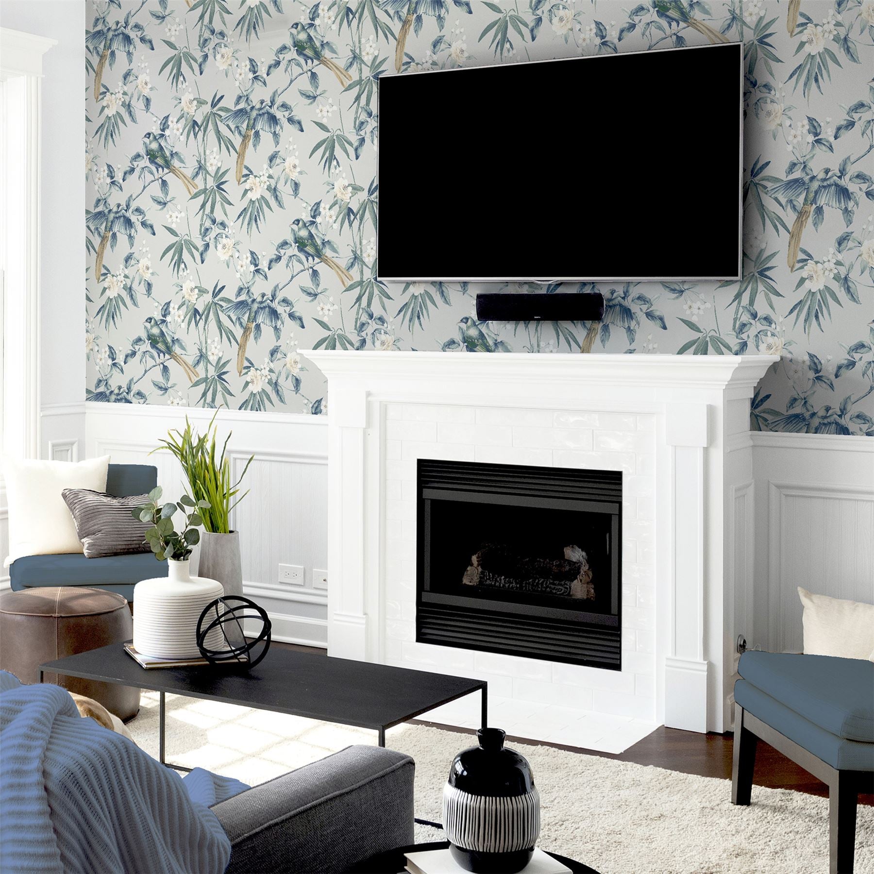 Oriental Floral Birds Grey/Blue