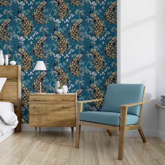 Opulent Peacock Teal & Gold Wallpaper sw12