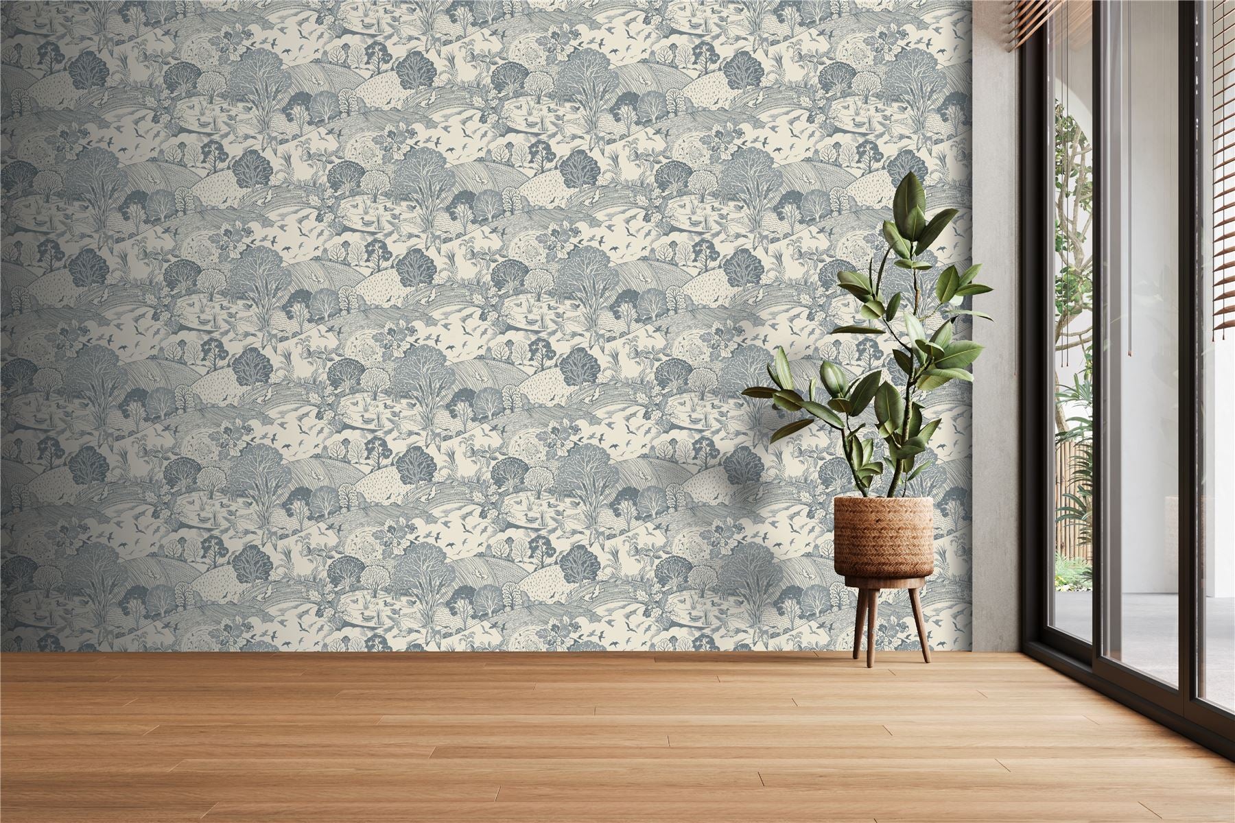 Country Landscape Navy Wallpaper